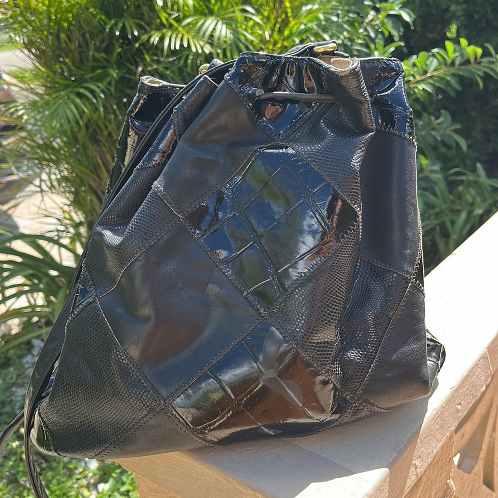 Vintage Patchwork Leather Drawstring Bag - image 3